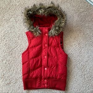 Red Puffer Vest with Faux Fur Hood Aeropostale